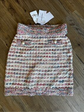 Urban Revivo Pink & Cream Tweed Mini Skirt with Pearl Buttons